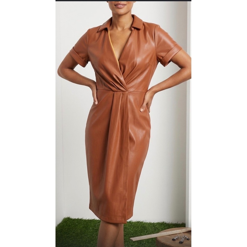 Nine West Faux Leather Surplice Sheath Dress Brown XXL Short Sleeve Pleated